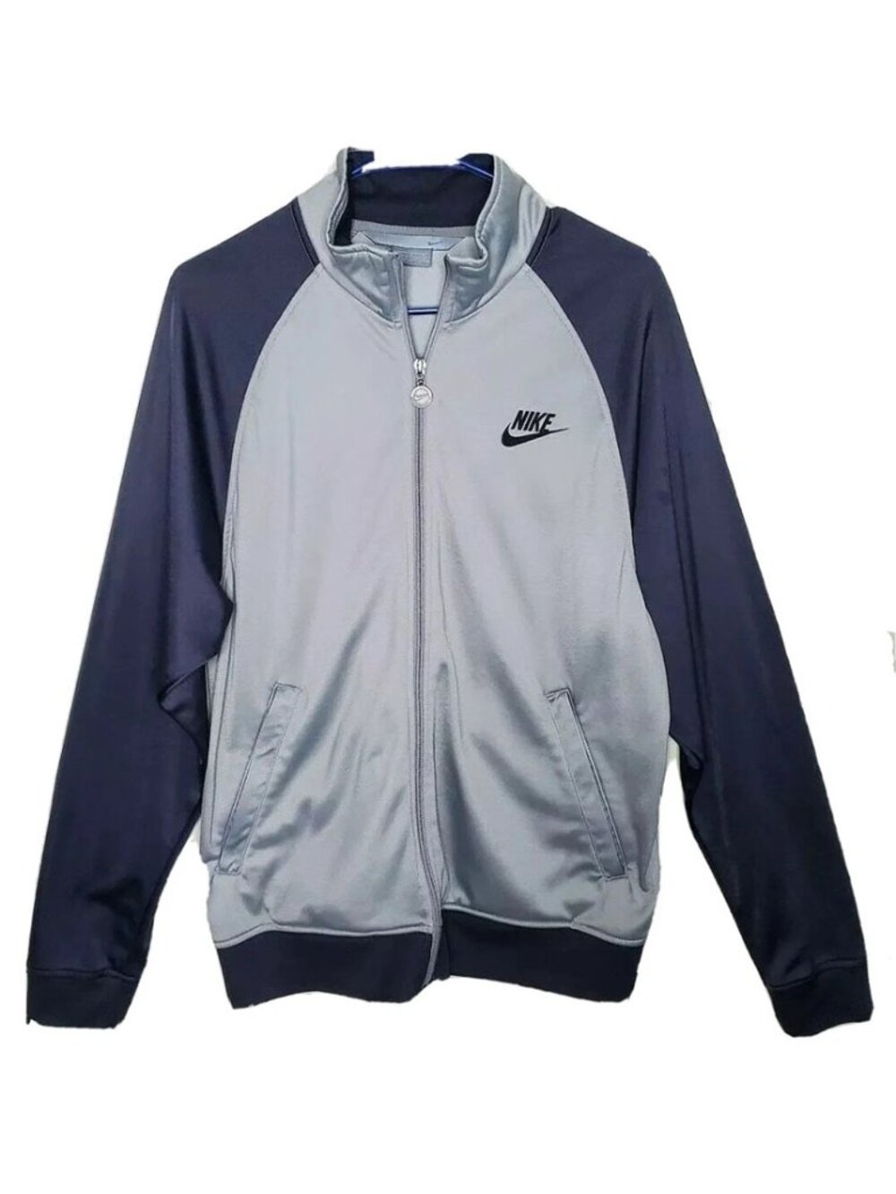 Nike Track Jacket Men's Med Gray Blk Full Zip Embroidered Swoosh Athletic Retro